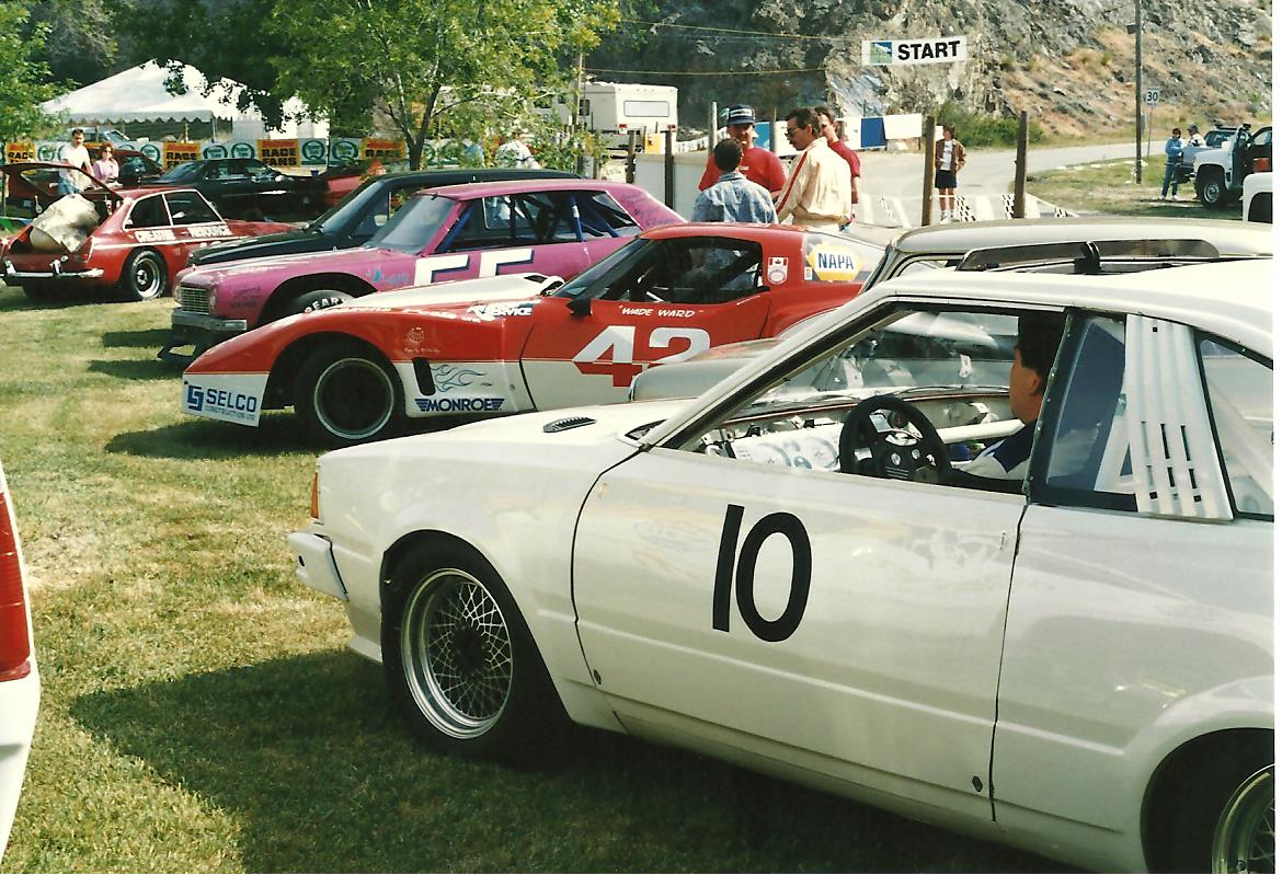 who: Don Nimi in his GT-3 200SX, in front of Wade Ward's GT-1 Greenwood Corvette<br />where: Knox Mountain, Kelowna BC, 199?