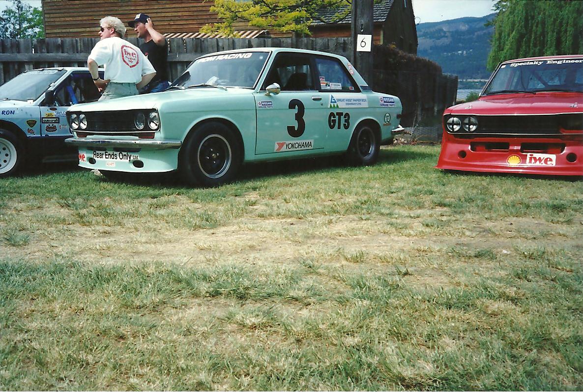 who: Ian Wood is sitting on the hood of Brent's 510, Keith's 510<br />where: Knox Mountain, Kelowna BC, 198?, 199?