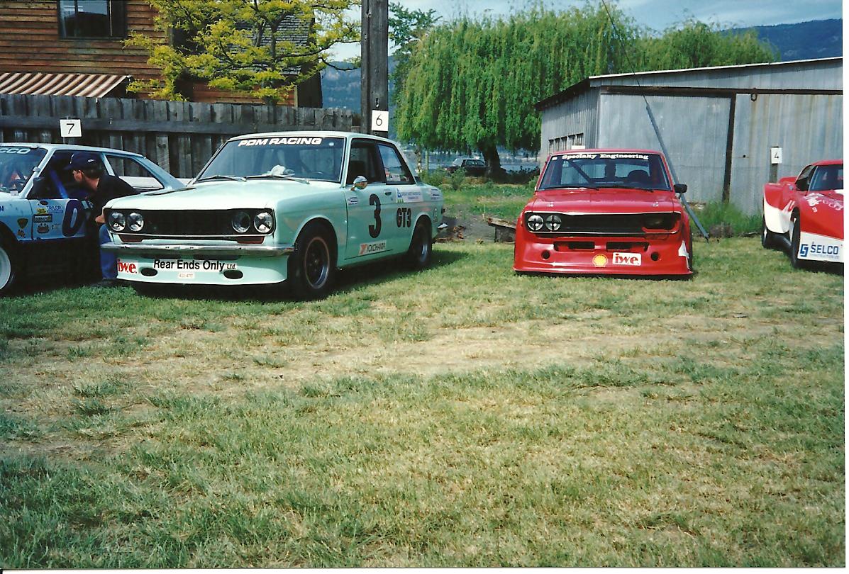 who (L to R): Brent Wilson's car, Keith Law's car, Wade Ward's GT-1 Corvette<br />where: Knox Mountain, Kelowna BC, 199?