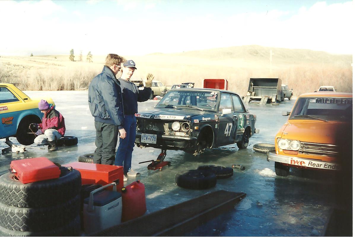 who (L to R): ? changing wheels on ?'s 510, Jason Koehn, Jamie Mitchell, Jamie's ice racer, Jason's ice racer (running the pre-turbo Z24 motor that eventually ended up in the Colt)
