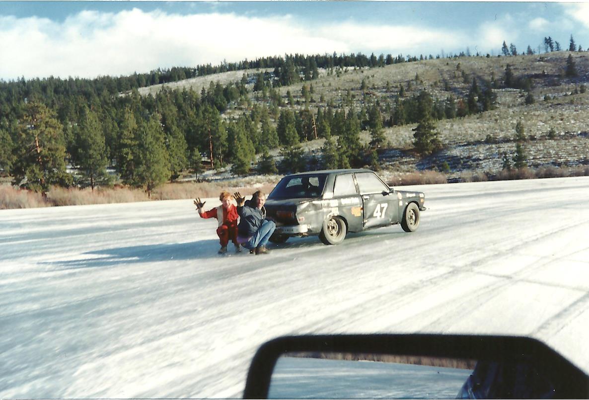 who (L to R): Pat Roberts, Dave Doan, hanging on to Jamie's bumper?<br />where: Barnes Lake BC, 199?