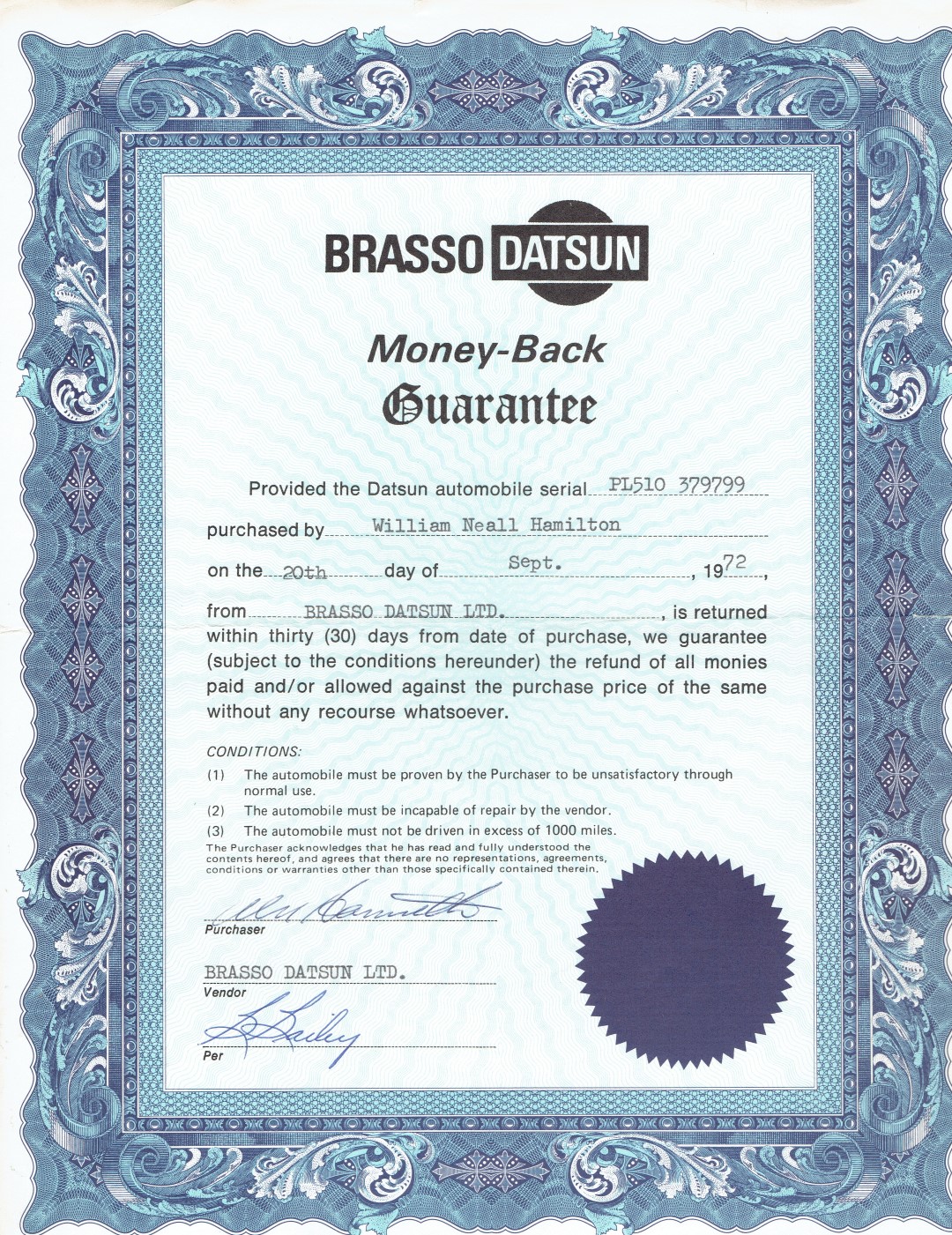 The Brasso Datsun Guarantee that came with my 1972